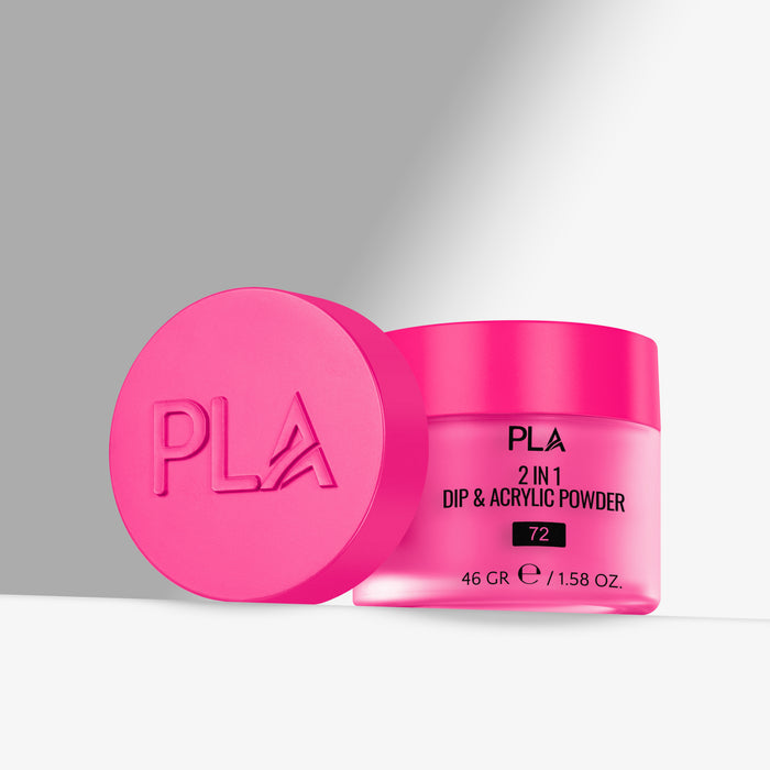 Pink jar of PLA 2 in 1 Dip & Acrylic Powder with pink lid on a gray background