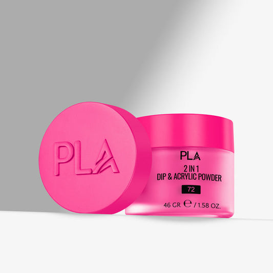 Pink jar of PLA 2 in 1 Dip & Acrylic Powder with pink lid on a gray background
