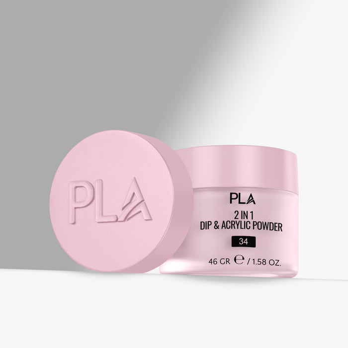 Pink jar of PLA 2 in 1 Dip & Acrylic Powder on a gray background
