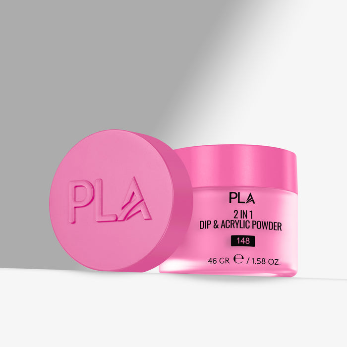Pink jar of PLA 2 in 1 Dip & Acrylic Powder on a gray background