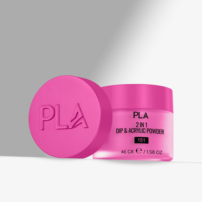 Pink jar of PLA 2 in 1 Dip & Acrylic Powder with pink lid on a gray background