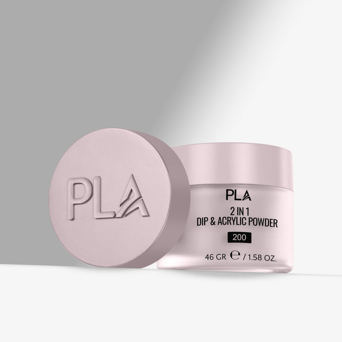 Pink jar of PLA 2-in-1 Dip & Acrylic Powder on a gray background