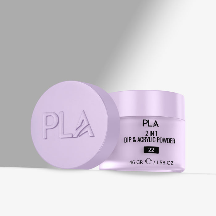 Purple container of PLA 2 in 1 Dip & Acrylic Powder on a gray background