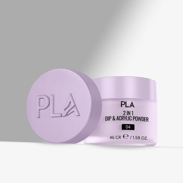 Purple container of PLA 2 in 1 Dip & Acrylic Powder on a gray background