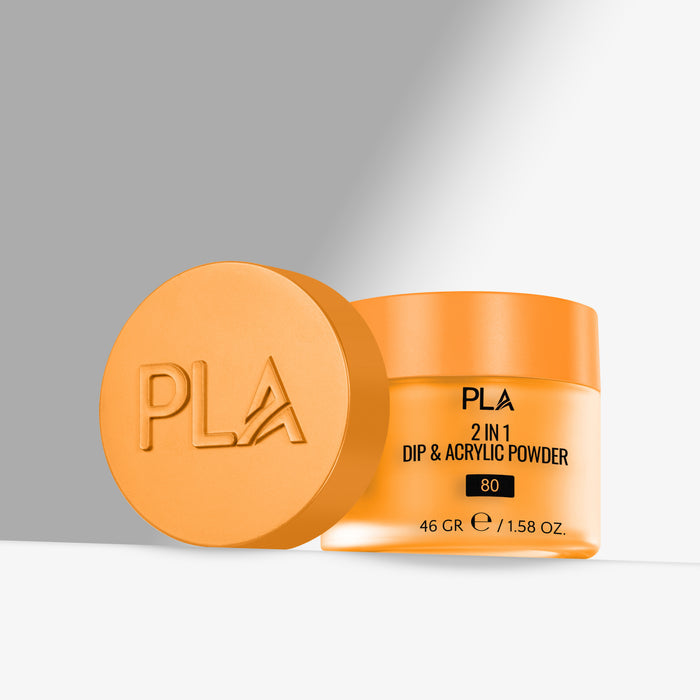 Orange jar of PLA Dip & Acrylic Powder with lid on a gray background