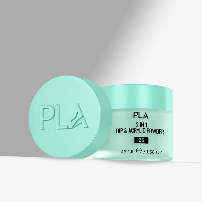 Mint green container of PLA 2 in 1 Dip & Acrylic Powder on a light gray background