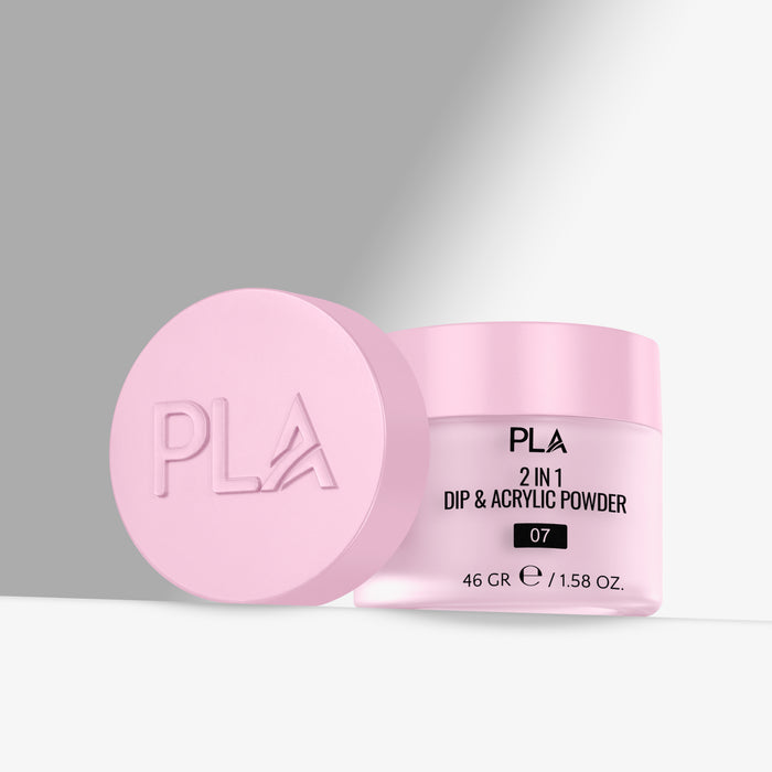 Pink jar of PLA 2 in 1 Dip & Acrylic Powder on a gray background