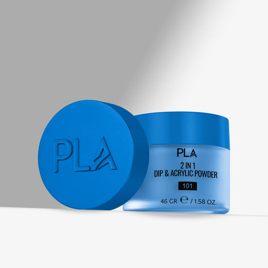 Blue container of PLA 2 in 1 Dip & Acrylic Powder with blue lid on a gray background