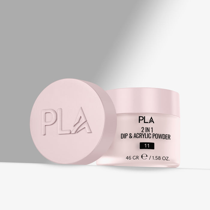 Pink jar of PLA 2 in 1 Dip & Acrylic Powder on a gray background