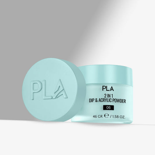 Light blue container of PLA 2 in 1 Dip & Acrylic Powder on a gray background
