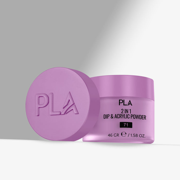 Purple container of PLA 2 in 1 Dip & Acrylic Powder with lid on a gray background