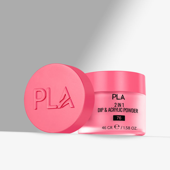 Pink jar of PLA 2 in 1 Dip & Acrylic Powder with pink cap on a gray background