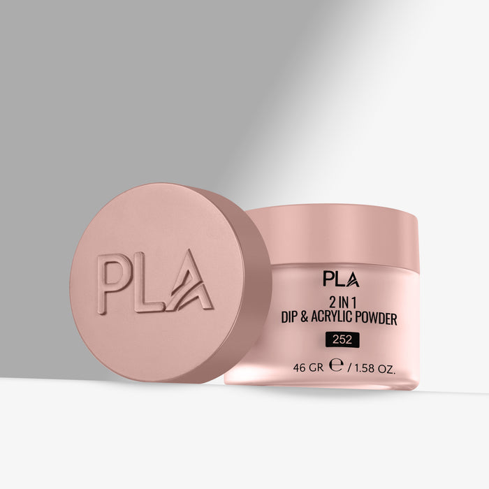 Pink jar of PLA 2-in-1 Dip & Acrylic Powder with a matching cap on a light gray background