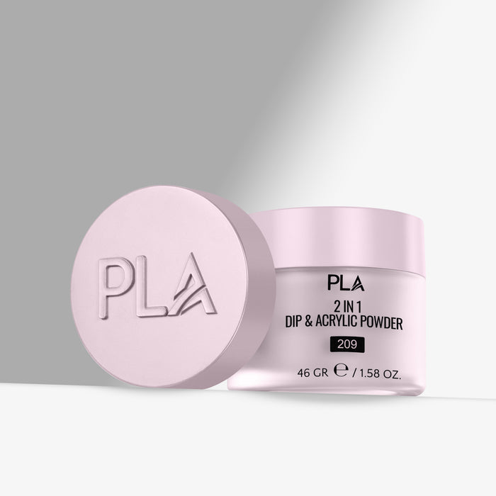Pink jar of PLA 2 in 1 Dip & Acrylic Powder on a gray background