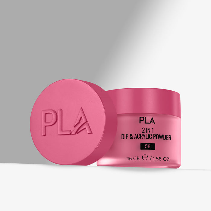Pink jar of PLA 2 in 1 Dip & Acrylic Powder with pink lid on a gray background