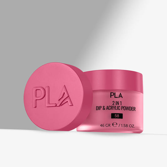 Pink jar of PLA 2 in 1 Dip & Acrylic Powder with pink lid on a gray background