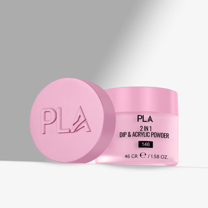 Pink jar of PLA 2 in 1 Dip & Acrylic Powder on a gray background