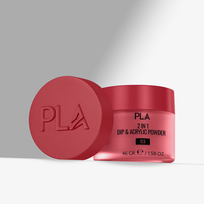 Red container of PLA 2 in 1 Dip & Acrylic Powder with lid on a gray background