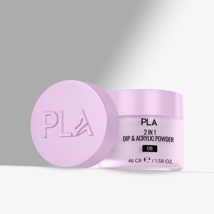 Purple jar of PLA 2 in 1 Dip & Acrylic Powder on a gray background