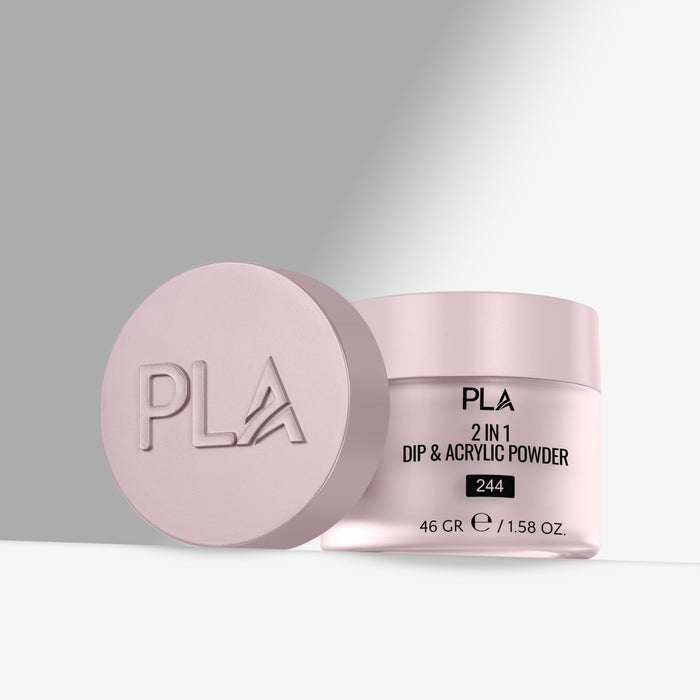Pink jar of PLA 2 in 1 Dip & Acrylic Powder on a light gray background