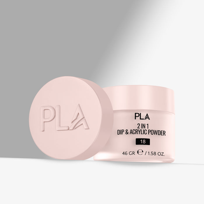 Pink jar of PLA 2 in 1 Dip & Acrylic Powder on a gray background