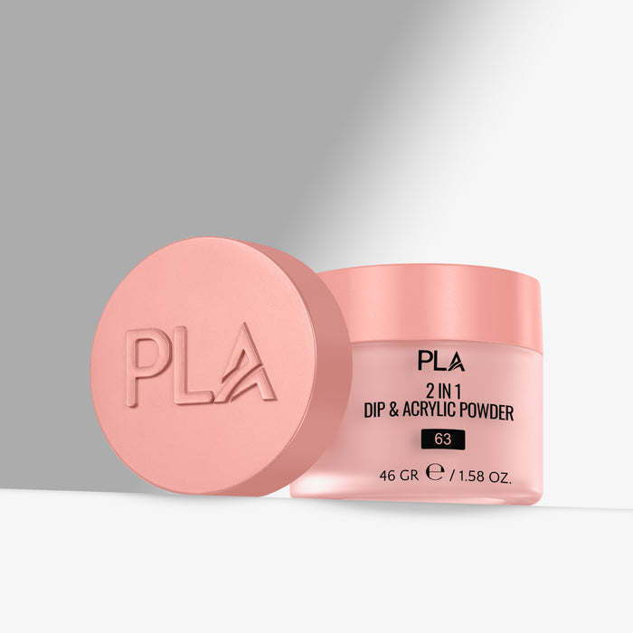 Pink jar of PLA 2 in 1 Dip & Acrylic Powder with lid on a gray background