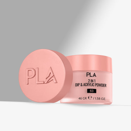 Pink jar of PLA 2 in 1 Dip & Acrylic Powder with lid on a gray background