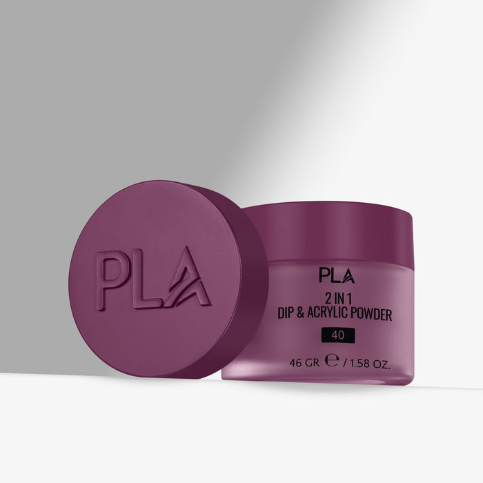 Purple jar of PLA 2 in 1 Dip & Acrylic Powder with lid on a gray background
