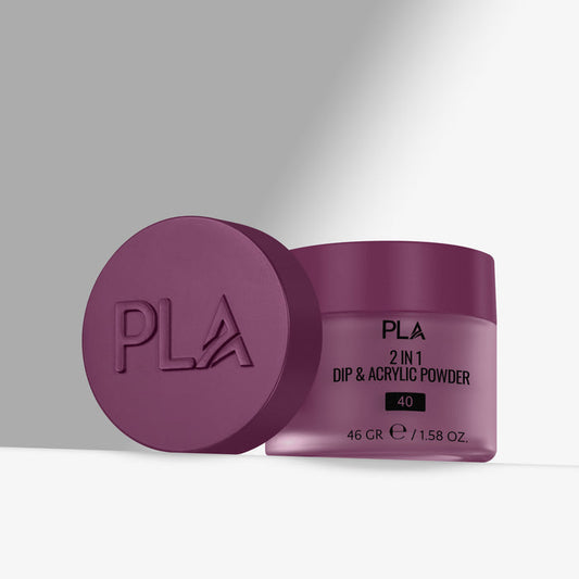 Purple jar of PLA 2 in 1 Dip & Acrylic Powder with lid on a gray background