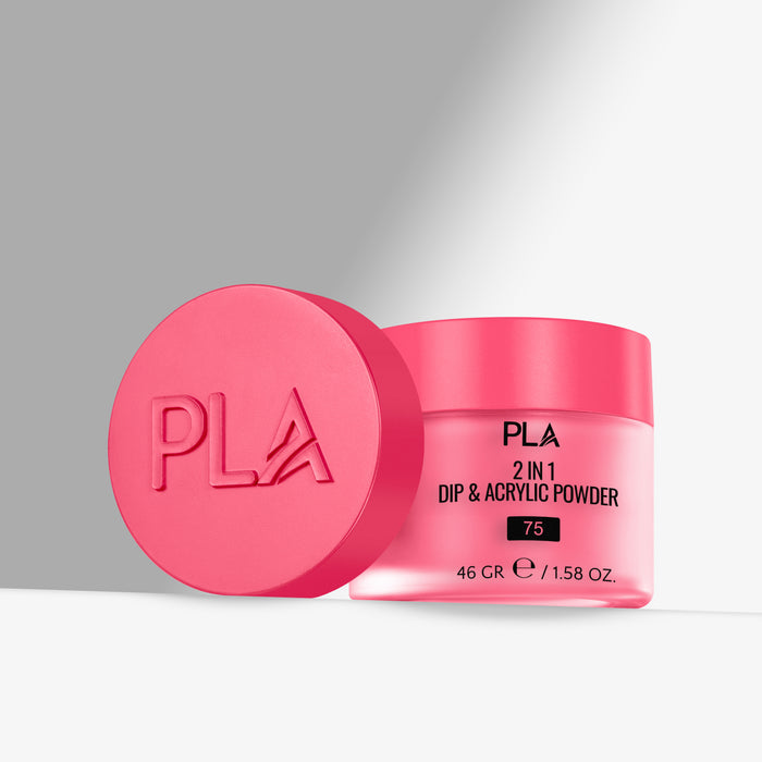 Pink jar of PLA 2 in 1 Dip & Acrylic Powder with pink lid on a gray background
