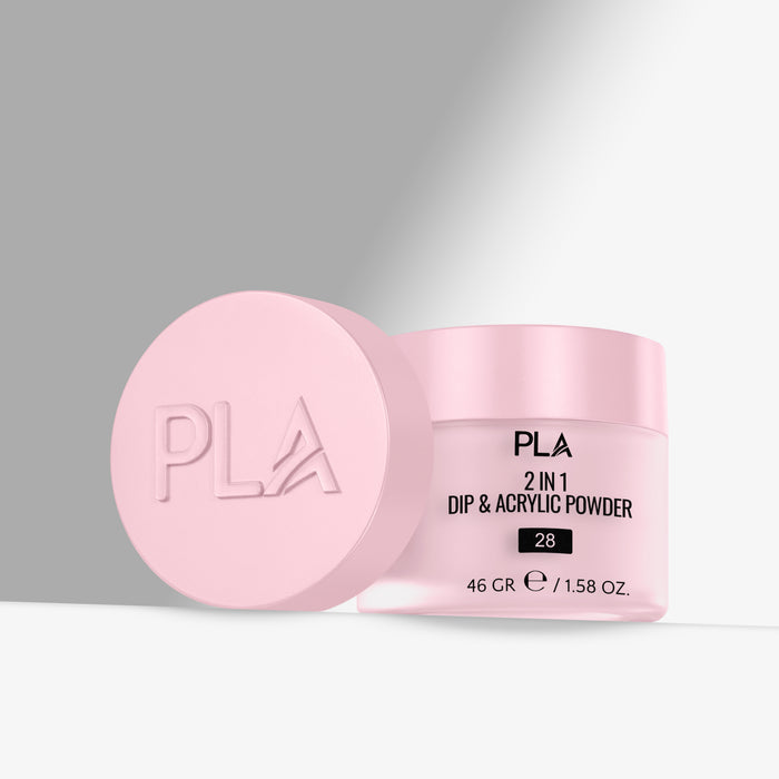 Pink container of PLA 2 in 1 Dip & Acrylic Powder on a gray background