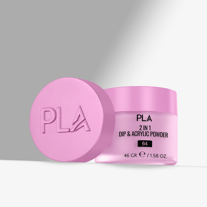 Pink jar of PLA 2-in-1 Dip & Acrylic Powder with pink lid on a gray background