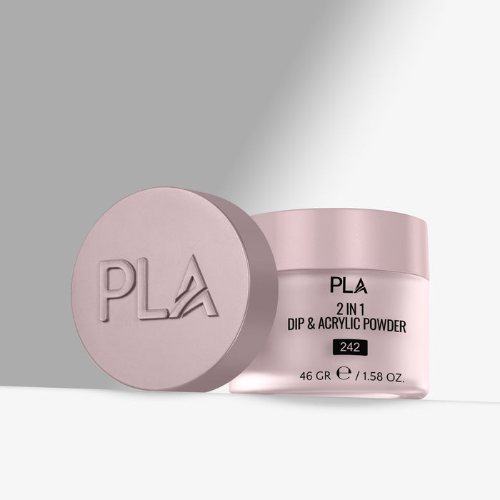 Pink jar of PLA 2 in 1 Dip & Acrylic Powder on a light gray background