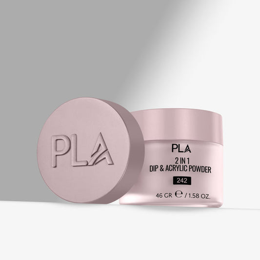 Pink jar of PLA 2 in 1 Dip & Acrylic Powder on a light gray background