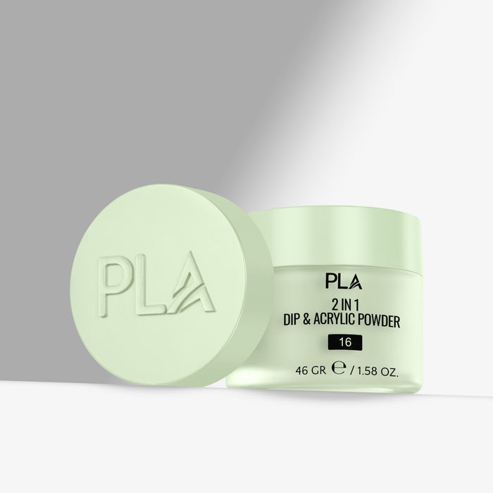 Light green container of PLA 2 in 1 Dip & Acrylic Powder on a gray background