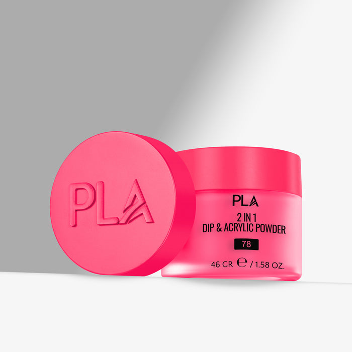 Pink jar of PLA 2 in 1 Dip & Acrylic Powder with lid on a gray background
