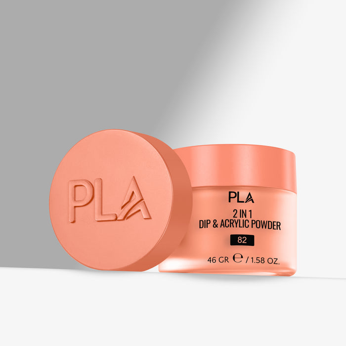 Coral-colored jar of PLA 2-in-1 Dip & Acrylic Powder on a gray background