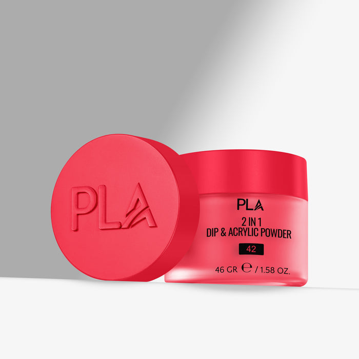 Red container of PLA 2 in 1 Dip & Acrylic Powder with a matching red lid on a gray background