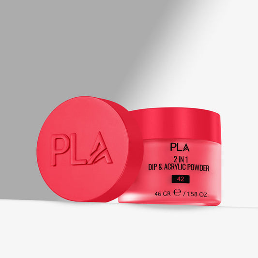 Red container of PLA 2 in 1 Dip & Acrylic Powder with a matching red lid on a gray background