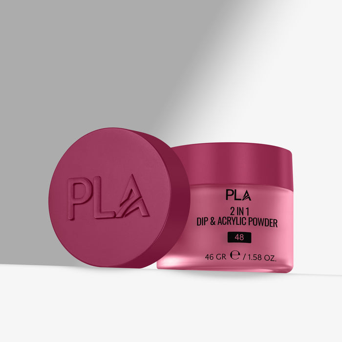 Berry pink container of PLA 2 in 1 Dip & Acrylic Powder with a matching berry pink lid on a gray background