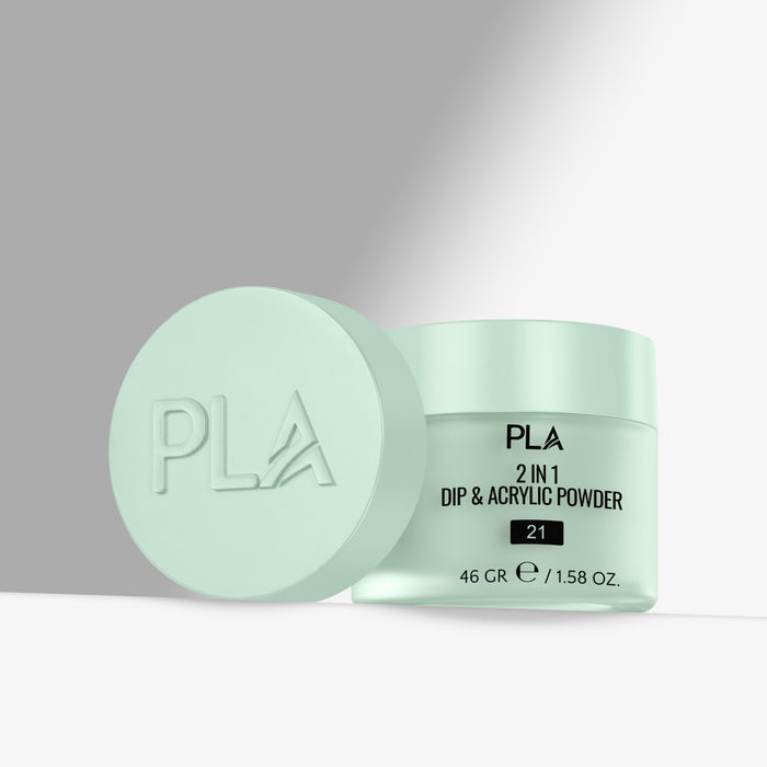 Mint green container of PLA 2 in 1 Dip & Acrylic Powder on a light gray background