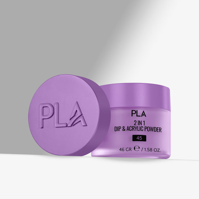 Purple container of PLA 2 in 1 Dip & Acrylic Powder with lid on a gray background
