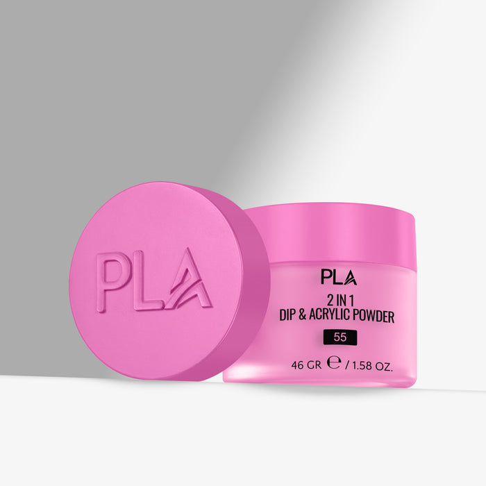 Pink jar of PLA 2 in 1 Dip & Acrylic Powder on a gray background