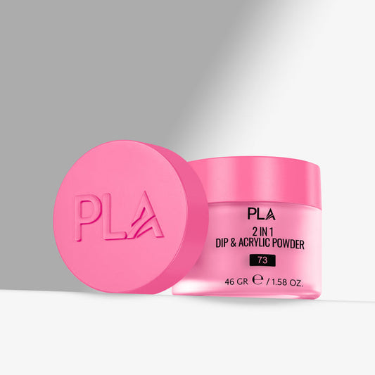 Pink jar of PLA 2 in 1 Dip & Acrylic Powder with pink cap on gray background