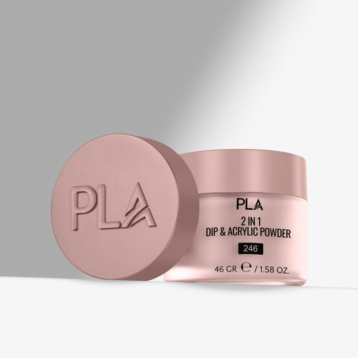 Pink jar of PLA 2-in-1 Dip & Acrylic Powder on a light gray background