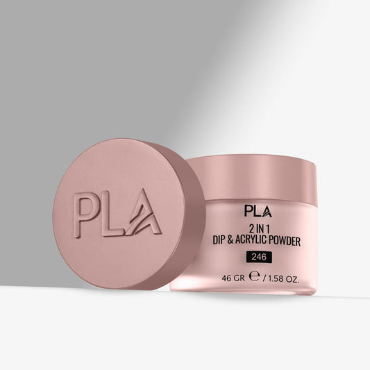 Pink jar of PLA 2-in-1 Dip & Acrylic Powder on a light gray background
