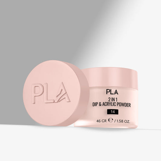 Pink container of PLA 2 in 1 Dip & Acrylic Powder on a gray background