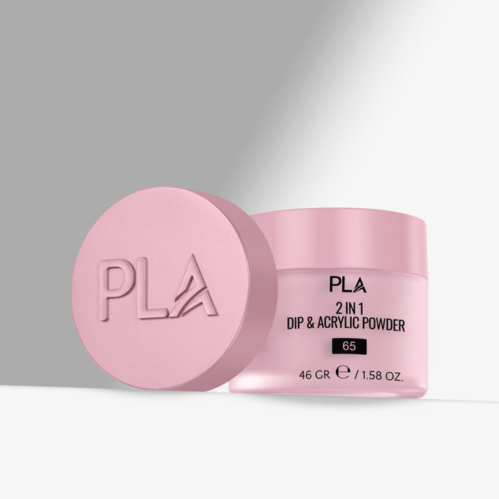 Pink jar of PLA 2 in 1 Dip & Acrylic Powder on a gray background
