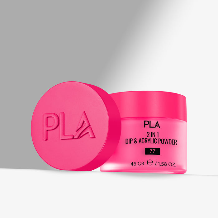 Pink jar of PLA 2 in 1 Dip & Acrylic Powder with pink cap on a gray background
