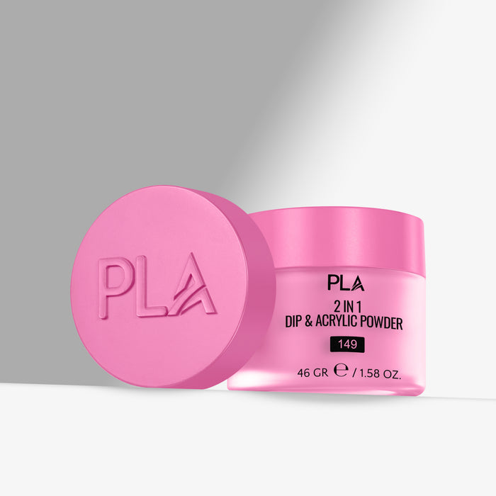 Pink jar of PLA 2-in-1 Dip & Acrylic Powder on a gray background